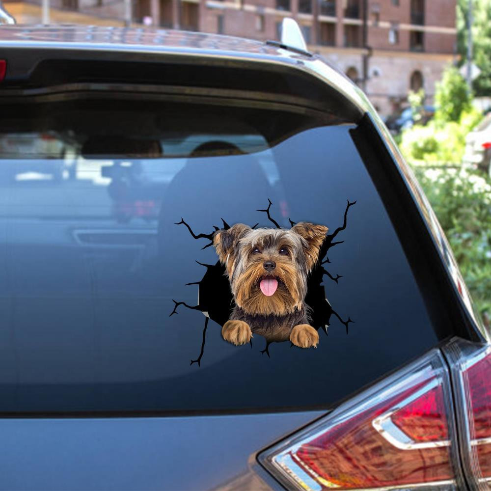 Yorkshire Dog Breeds Dogs Puppy Crack Window Decal Custom 3d Car Decal Vinyl Aesthetic Decal Funny Stickers Cute Gift Ideas Ae11216 Car Vinyl Decal Sticker Window Decals, Peel and Stick Wall Decals 12x12IN 2PCS