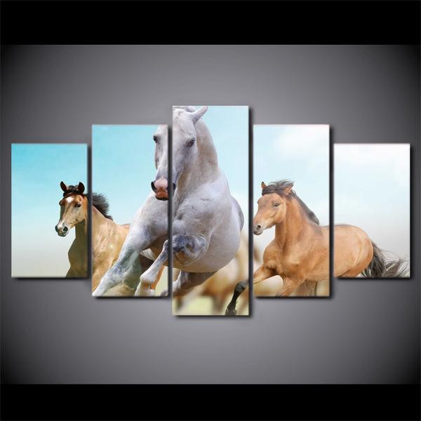 Horse Horses Running Galloping Modern Animal 5 Panel Canvas Art Wall ...