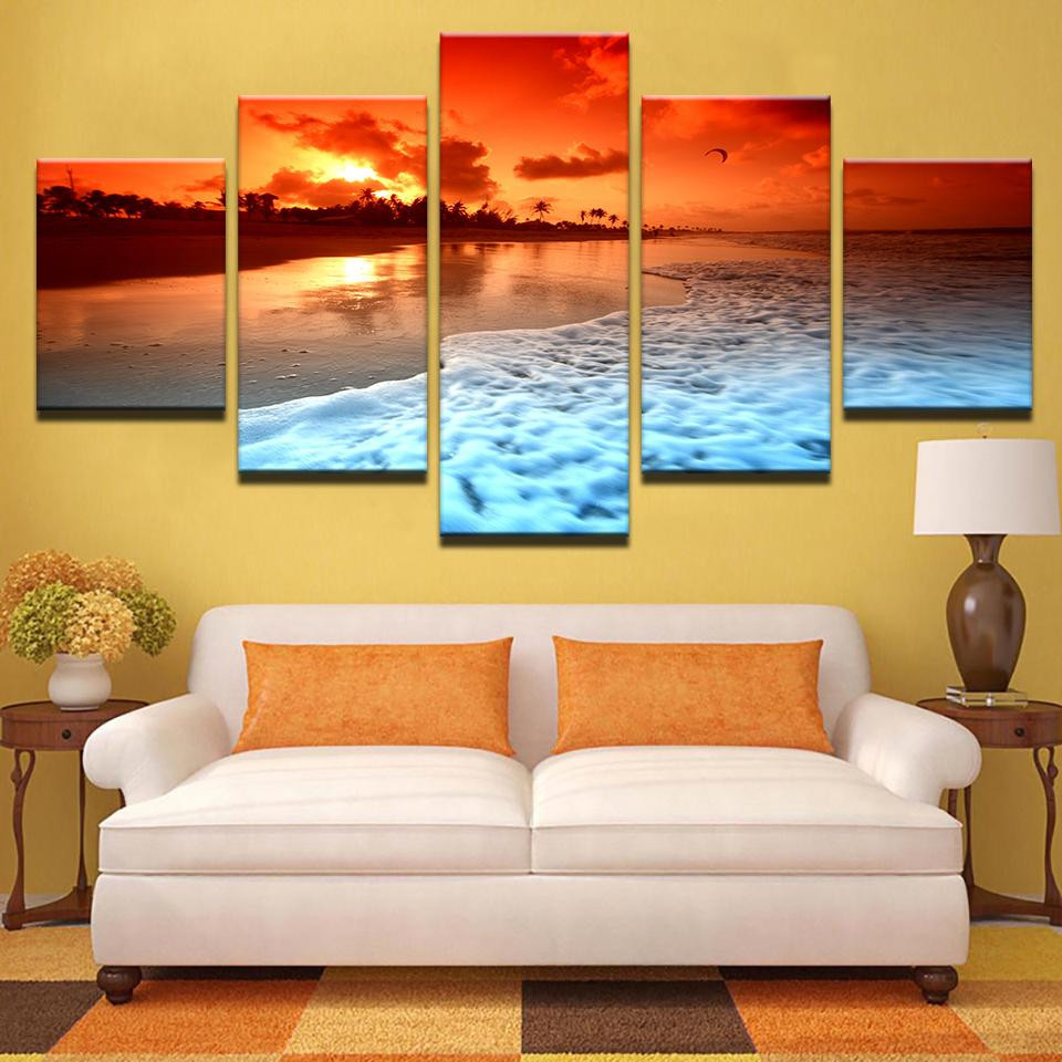 Sunset Glow Beach Sea Waves Seascape Nature 5 Panel Canvas Art Wall ...