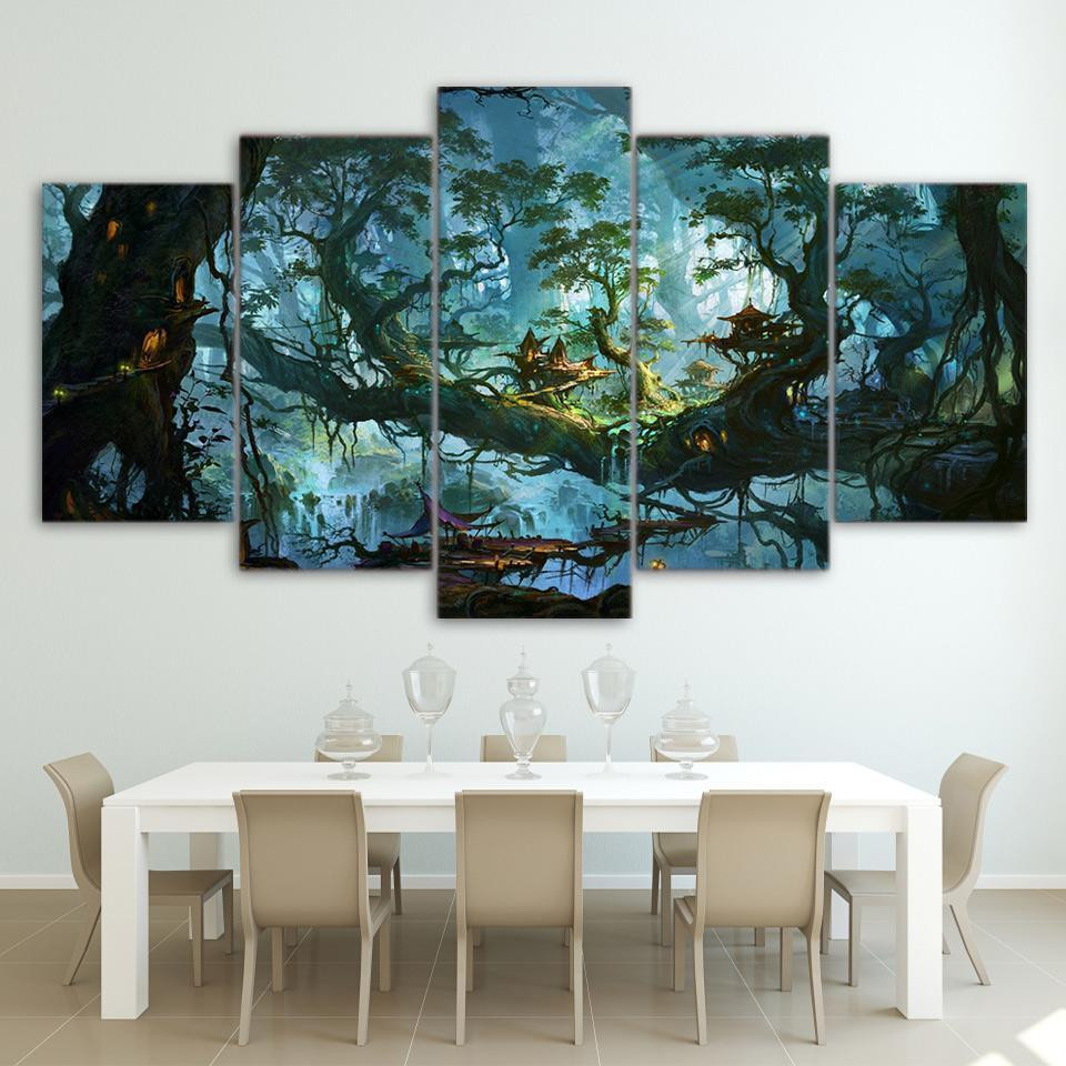 Fantasy Houses Magic Forest Night Tree Nature 5 Panel Canvas Art Wall ...