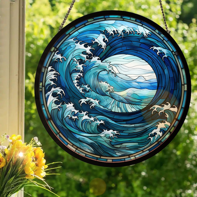 Ocean Waves Stained Glass Style Wall or Window Hanging - Aeticon