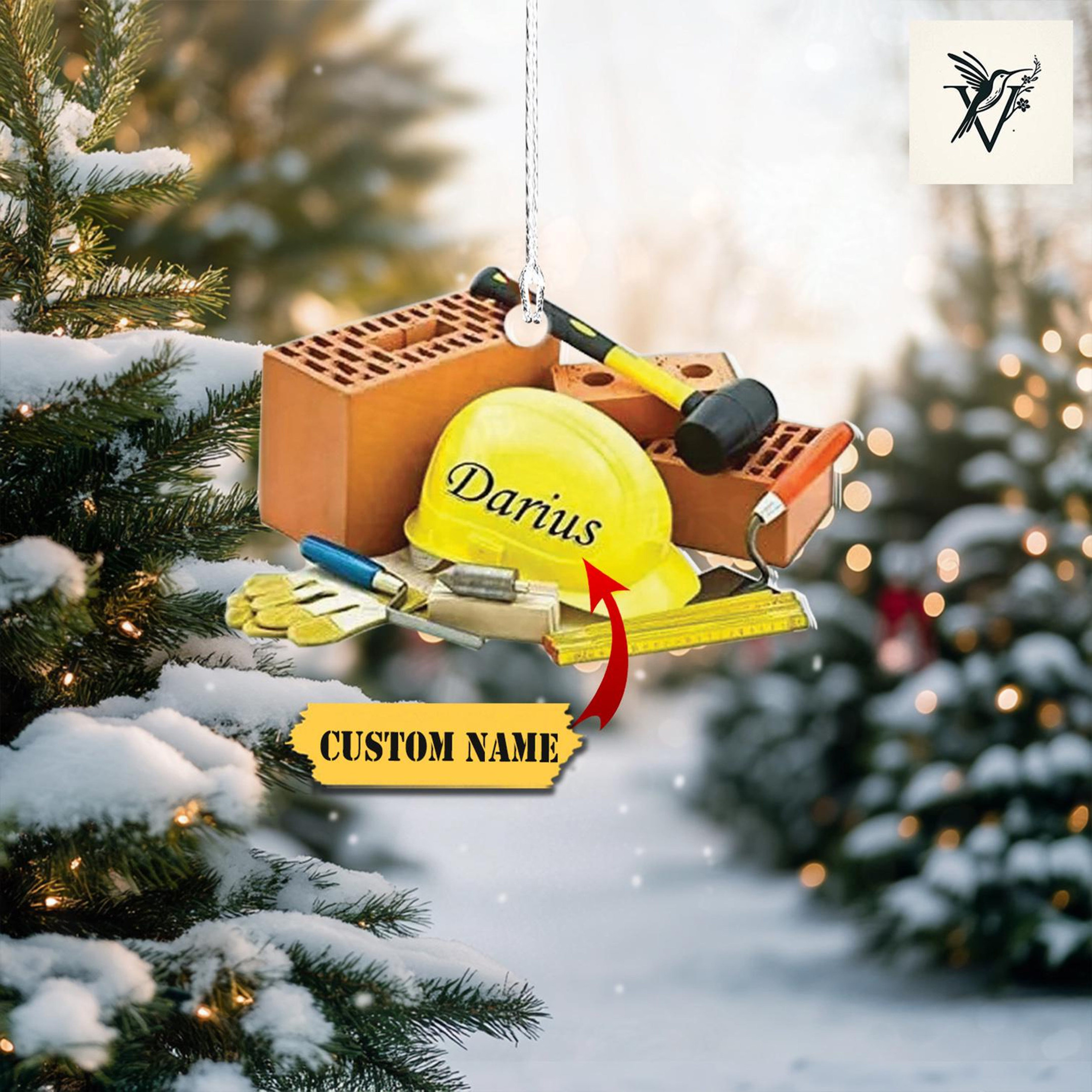 Personalized Construction Ornament 2D , Custom Name Hard Hat With ...