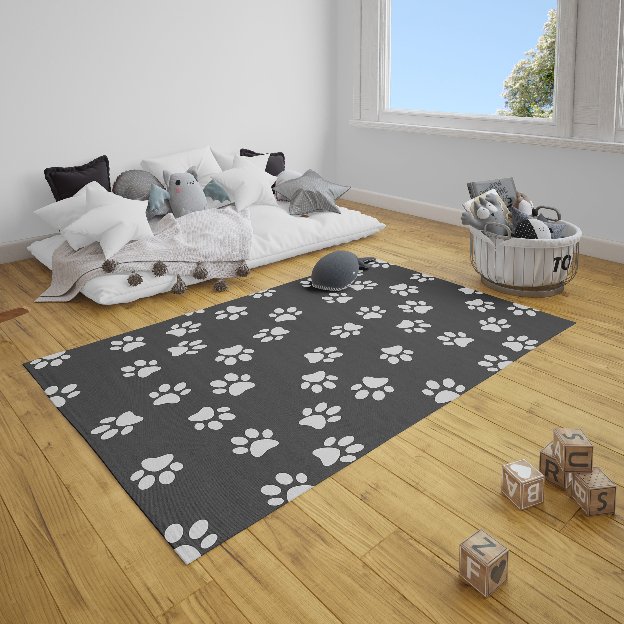 Square Paw Print Rug Paws Print Playroom Rug White Paw Prints Themed Rug Rectangle Rugs ...