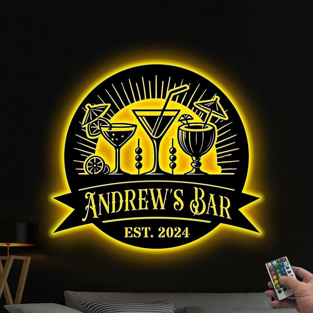 Custom Bar Metal Wall Art With Led Light Bar Metal Sign Personalized ...