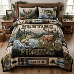 Hunting and Fishing Life 3 Piece Quilted Bedding Set Gift For Hunters