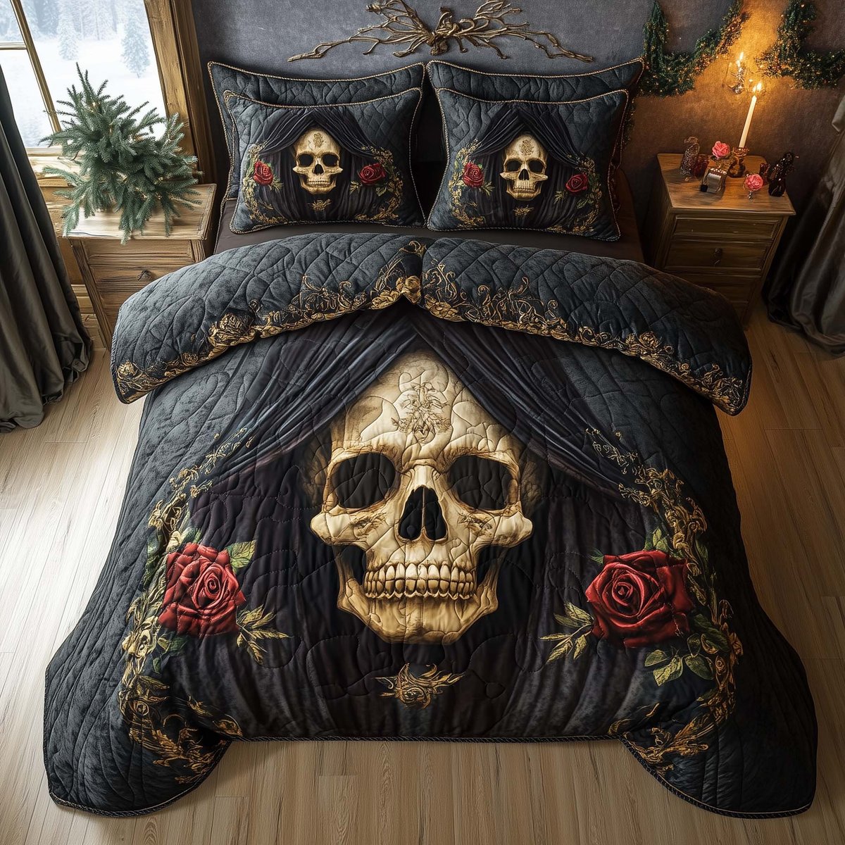 Mystique Solo Skull 3 Piece Quilted Bedding Set Gift For Gothic Decor Lovers