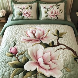 Elegant Blooming Magnolia 3 Piece Quilted Bedding Set Gift For Flower Lovers