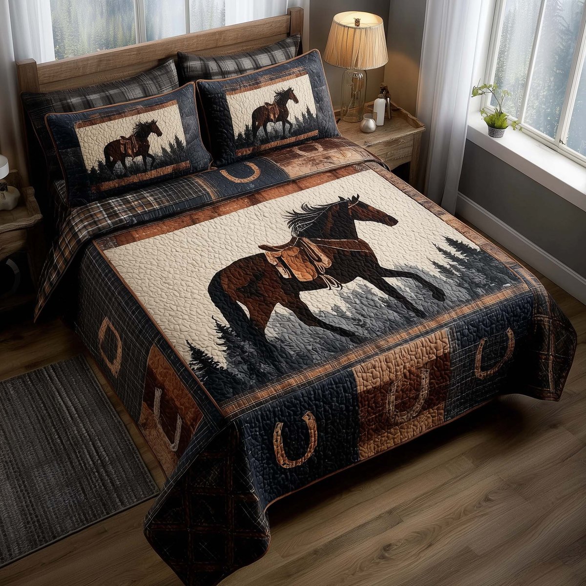 Prairie Horse 3 Piece Quilted Bedding Set Gift For Horse Lovers