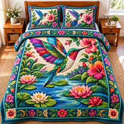 Jeweled Hummingbird Water Garden 3 Piece Quilted Bedding Set Gift For Bird Lovers