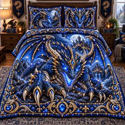 Sapphire Dragon 3 Piece Quilted Bedding Set Gift For Fantasy Lovers