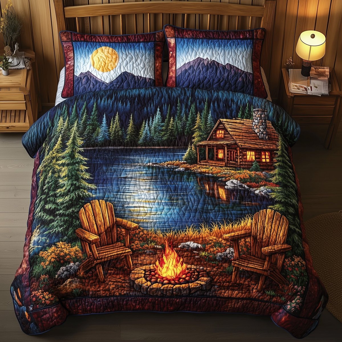 Midnight Harmony Lake 3 Piece Quilted Bedding Set Gift For Nature Lovers