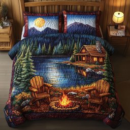 Midnight Harmony Lake 3 Piece Quilted Bedding Set Gift For Nature Lovers