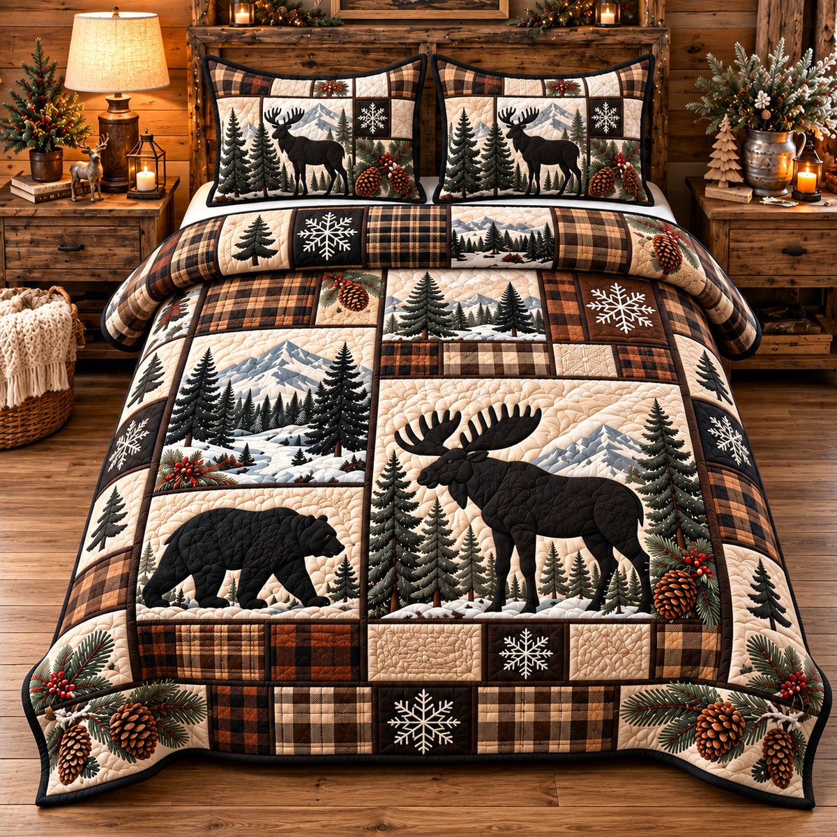 Winter Forest Patchwork 3 Piece Quilted Bedding Set Gift For Nature Lovers