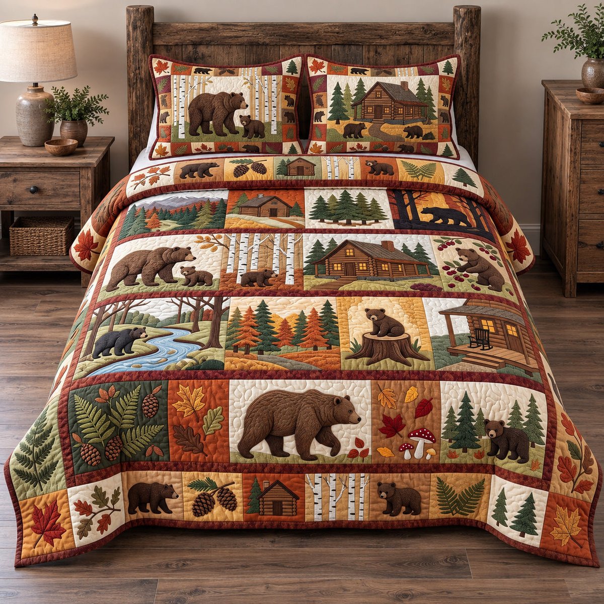 Forest Patchwork Charm 3 Piece Quilted Bedding Set Gift For Nature Lovers