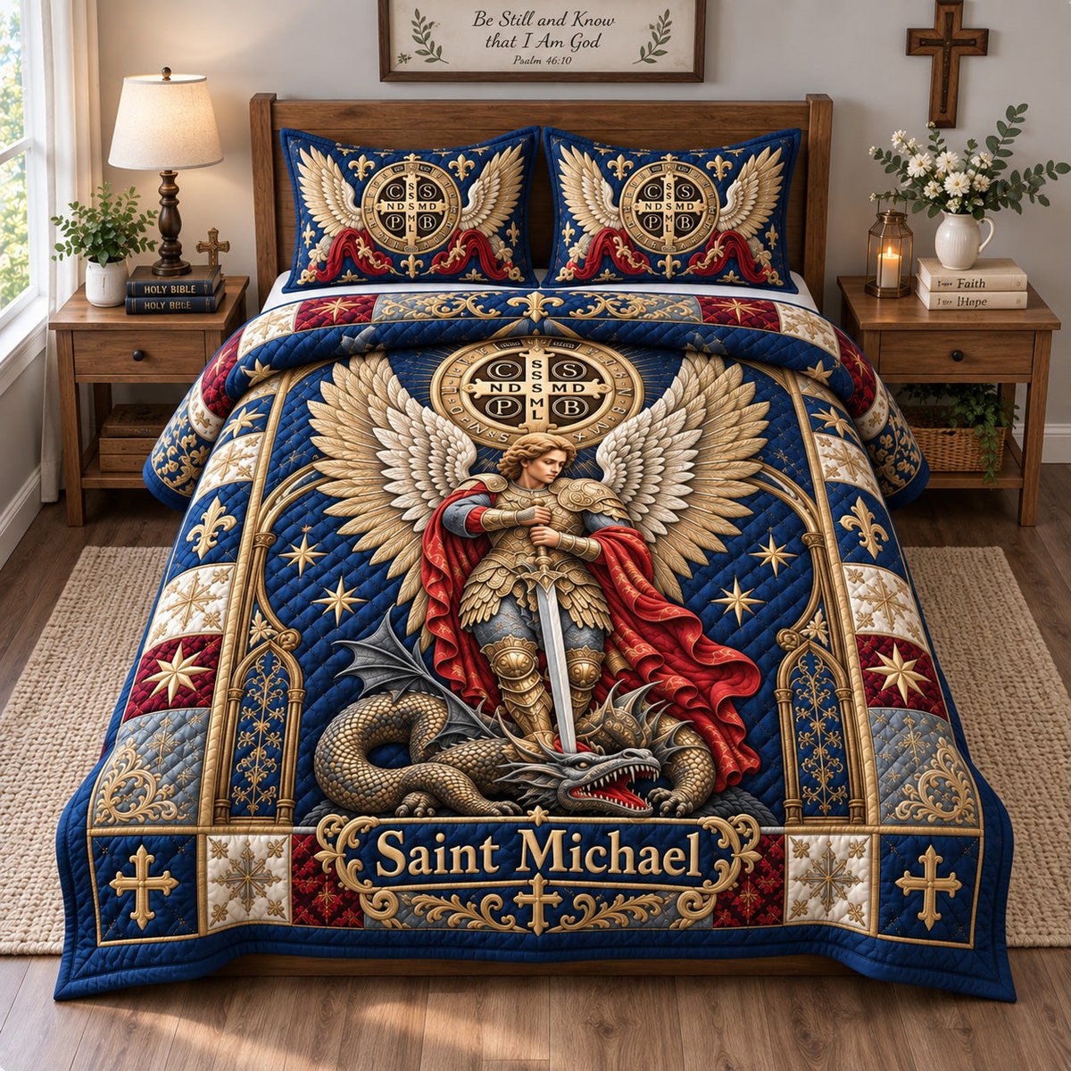 Saint Michael Dragon Slayer 3 Piece Quilted Bedding Set Gift For Fantasy Lovers