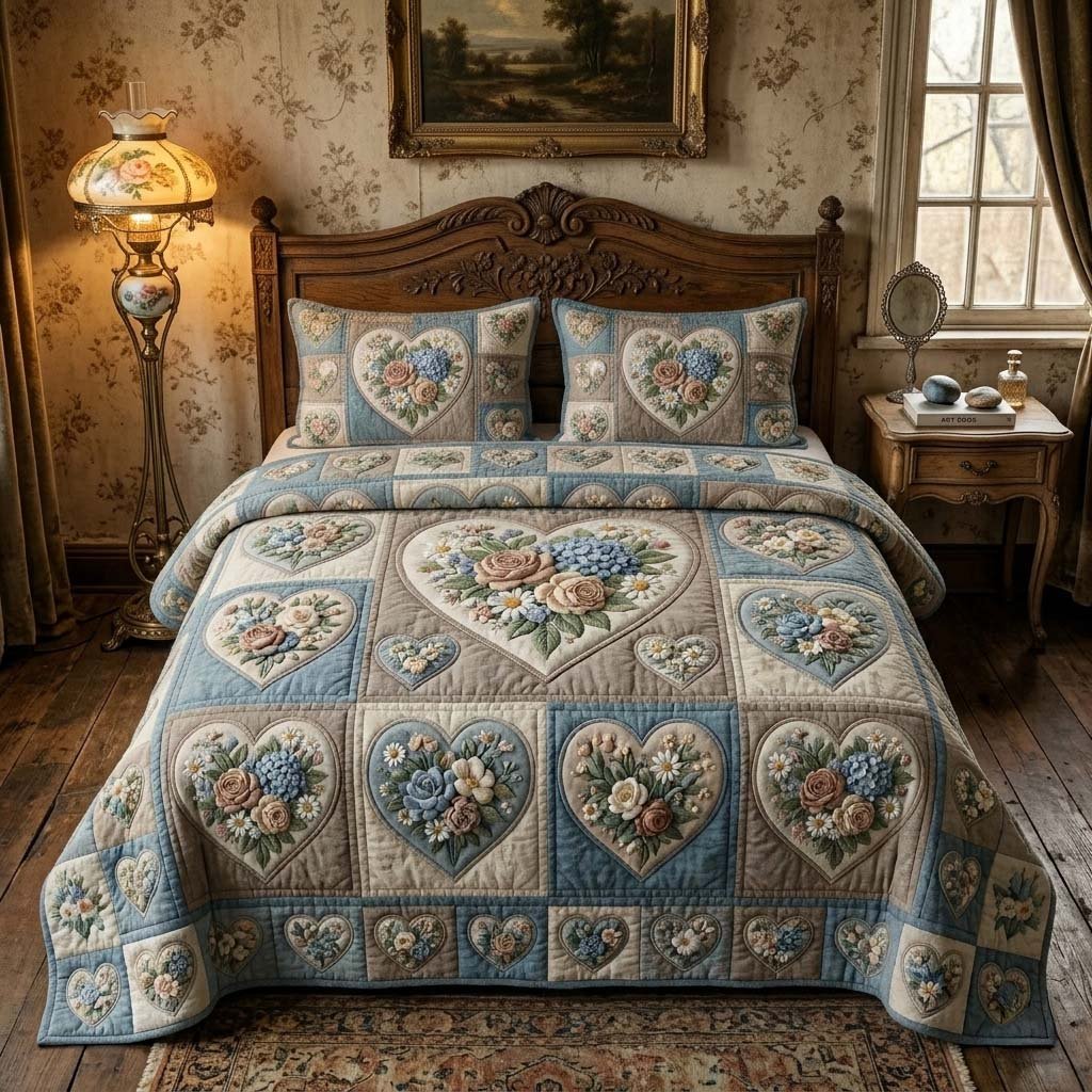 Blue Blossom Garden 3 Piece Quilted Bedding Set Gift For Flower Lovers