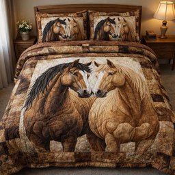 Twin Horses 3 Piece Quilted Bedding Set Gift For Horse Lovers