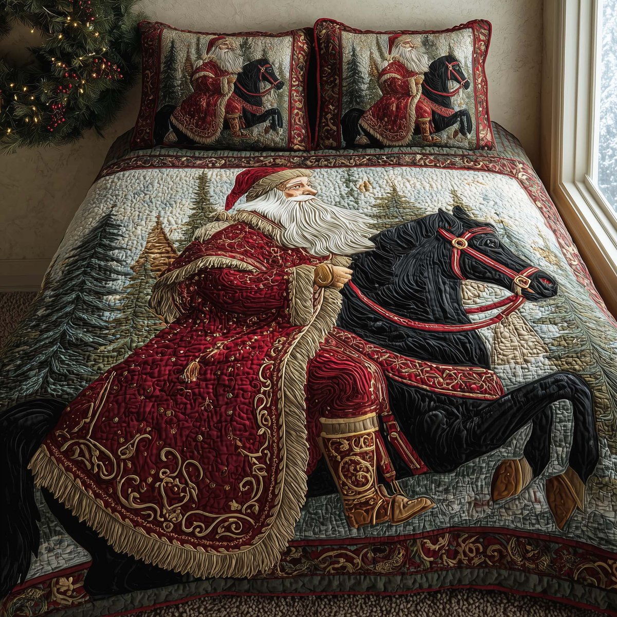 Santa Journey 3 Piece Quilted Bedding Set Christmas Gift For Holiday Decor Lovers