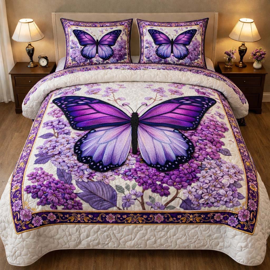 Lavender Butterfly Dream 3 Piece Quilted Bedding Set Gift For Butterfly Lovers