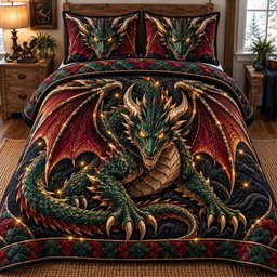 Emerald Dragon King 3 Piece Quilted Bedding Set Gift For Fantasy Lovers