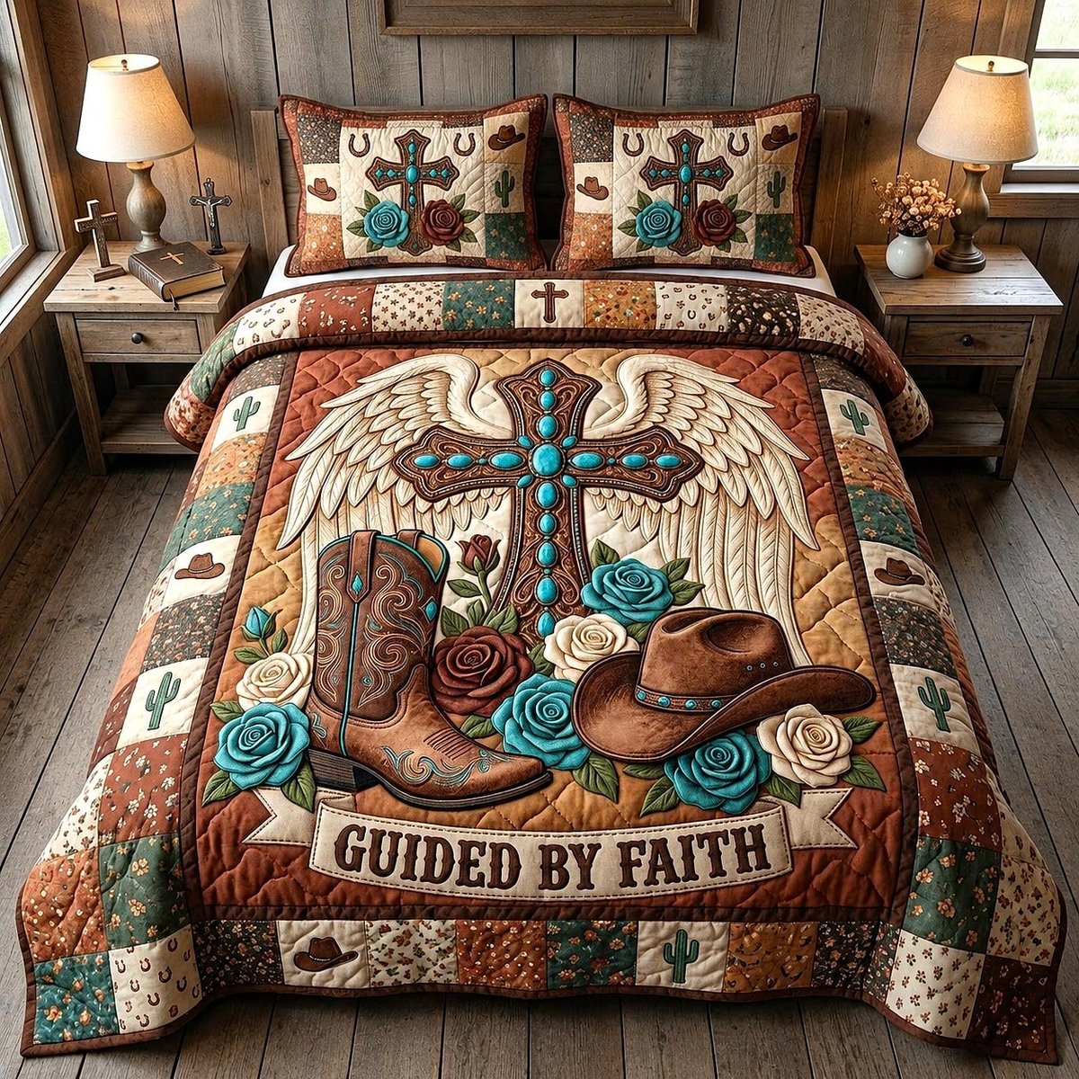 Western Grace Christian 3 Piece Quilted Bedding Set Gift For Western Lovers