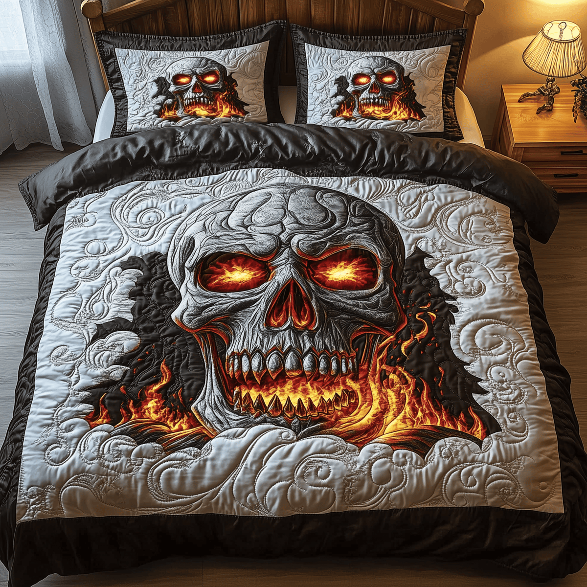 Lava Skull 3 Piece Quilted Bedding Set Gift For Gothic Decor Lovers