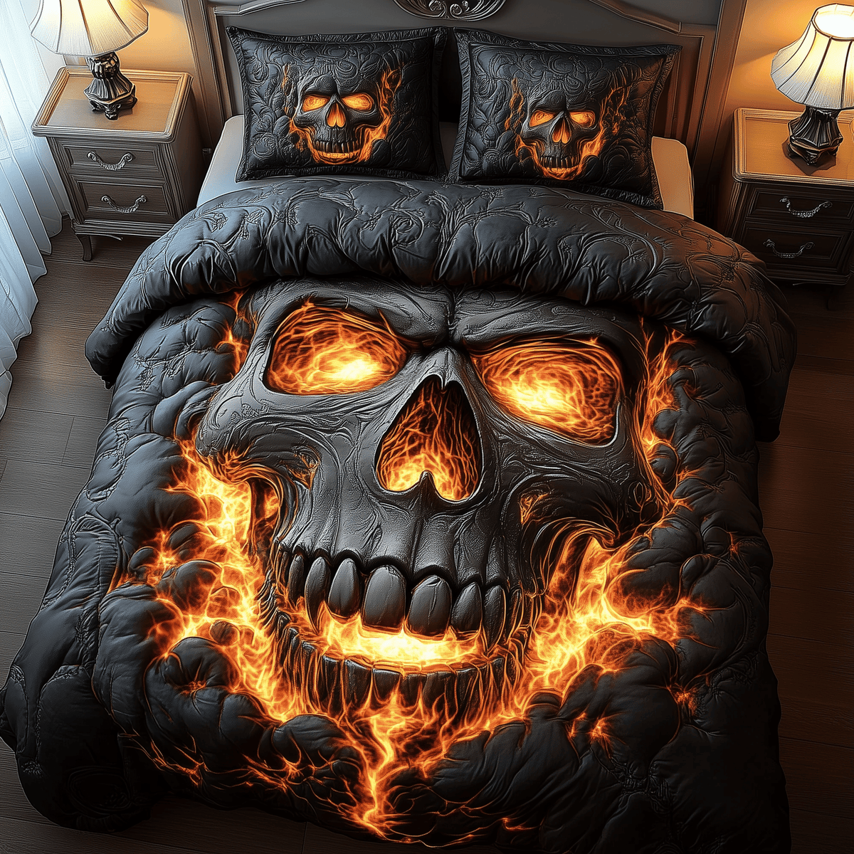 Lava Skull 3 Piece Quilted Bedding Set Gift For Gothic Decor Lovers