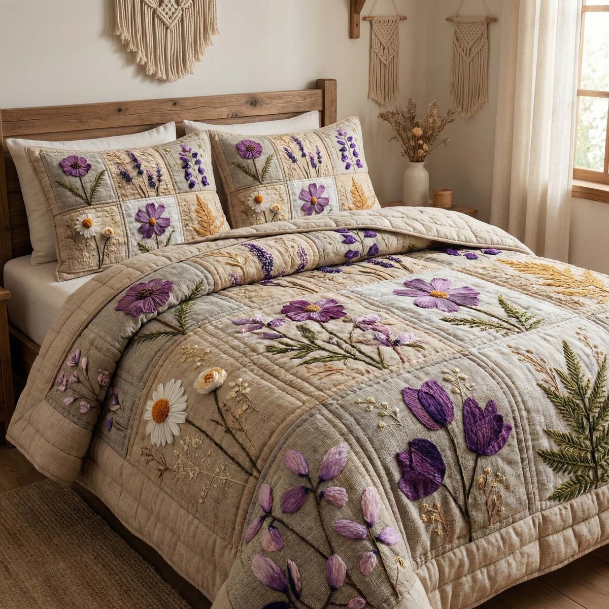 Blossom Grace 3 Piece Quilted Bedding Set Gift For Flower Lovers