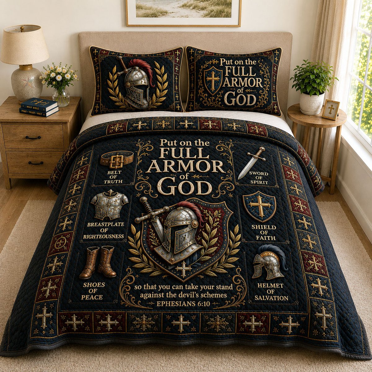 Full Armor of God 3 Piece Quilted Bedding Set Gift For Christians
