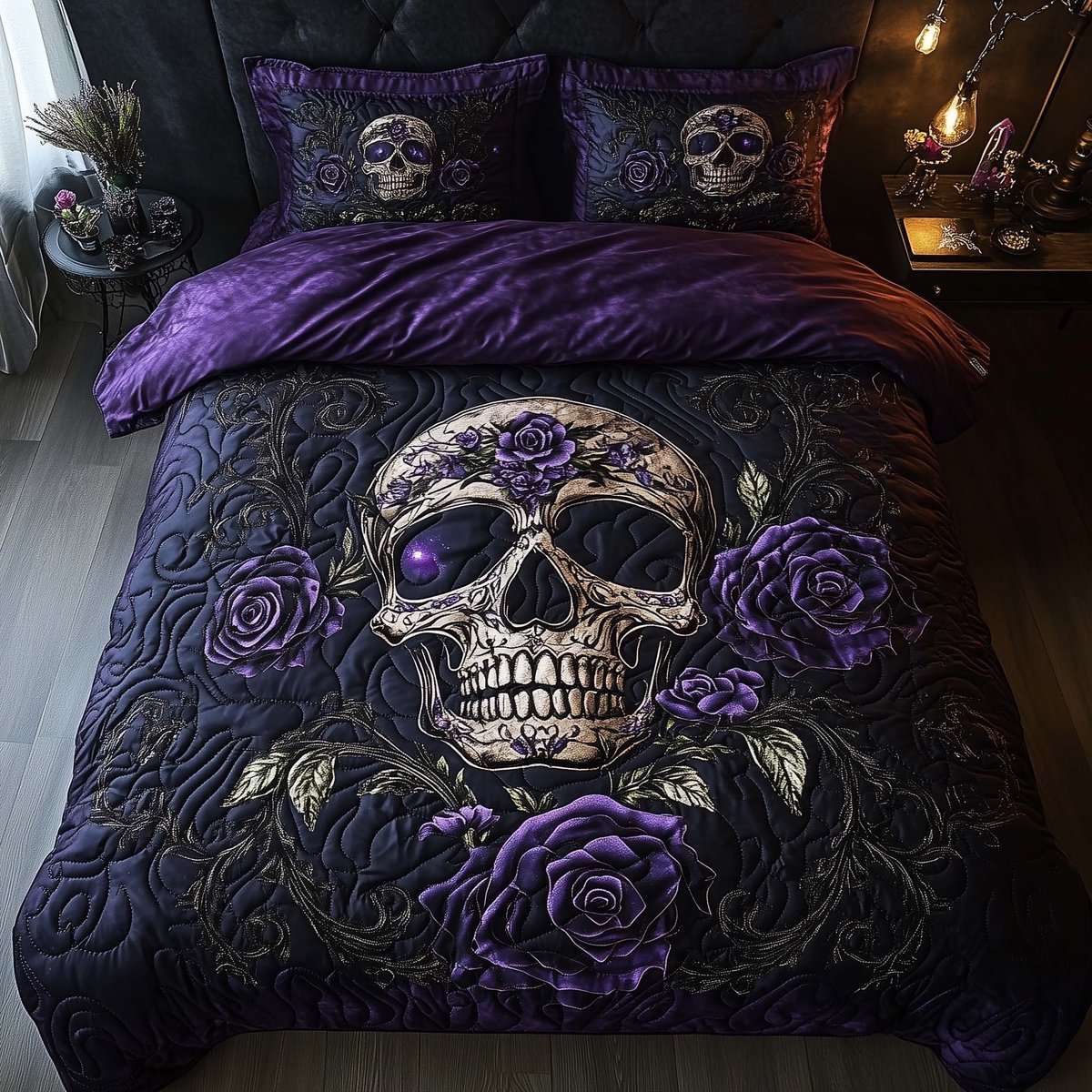 Mystique Solo Skull 3 Piece Quilted Bedding Set Gift For Gothic Decor Lovers