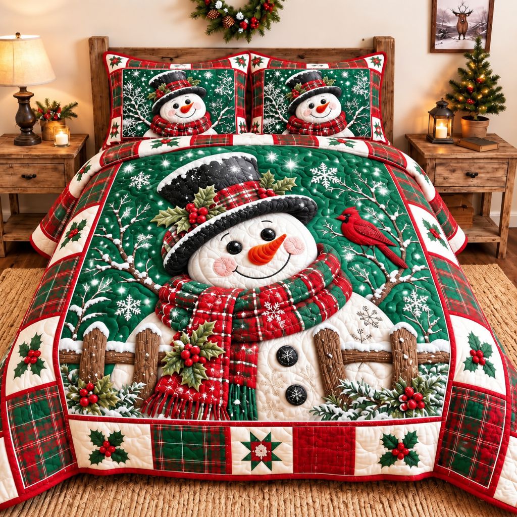 Jolly Snowman 3 Piece Quilted Bedding Set Gift For Holiday Decor Lovers