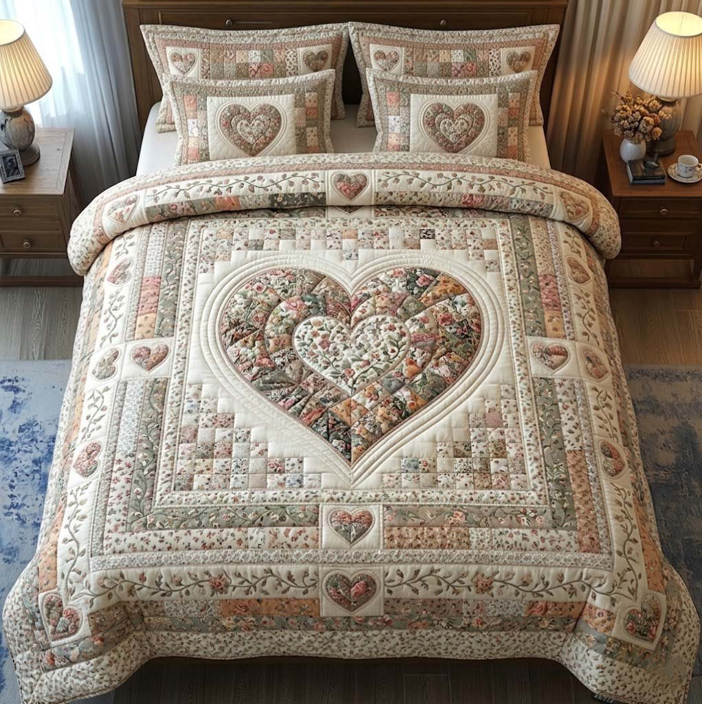 Flower Patchwork 3 Piece Quilted Bedding Set Gift For Flower Lovers