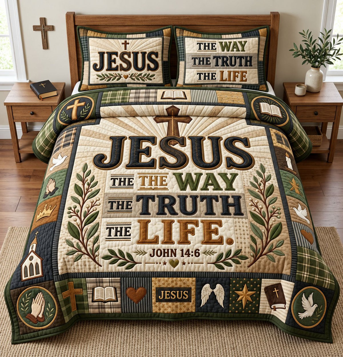 Christian Faith 3 Piece Quilted Bedding Set Gift For Christians