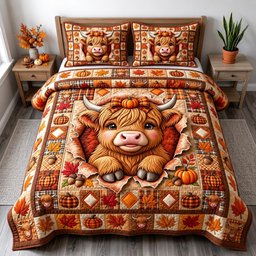 Fall Highland Cow 3 Piece Quilted Bedding Set Gift For Cow Lovers