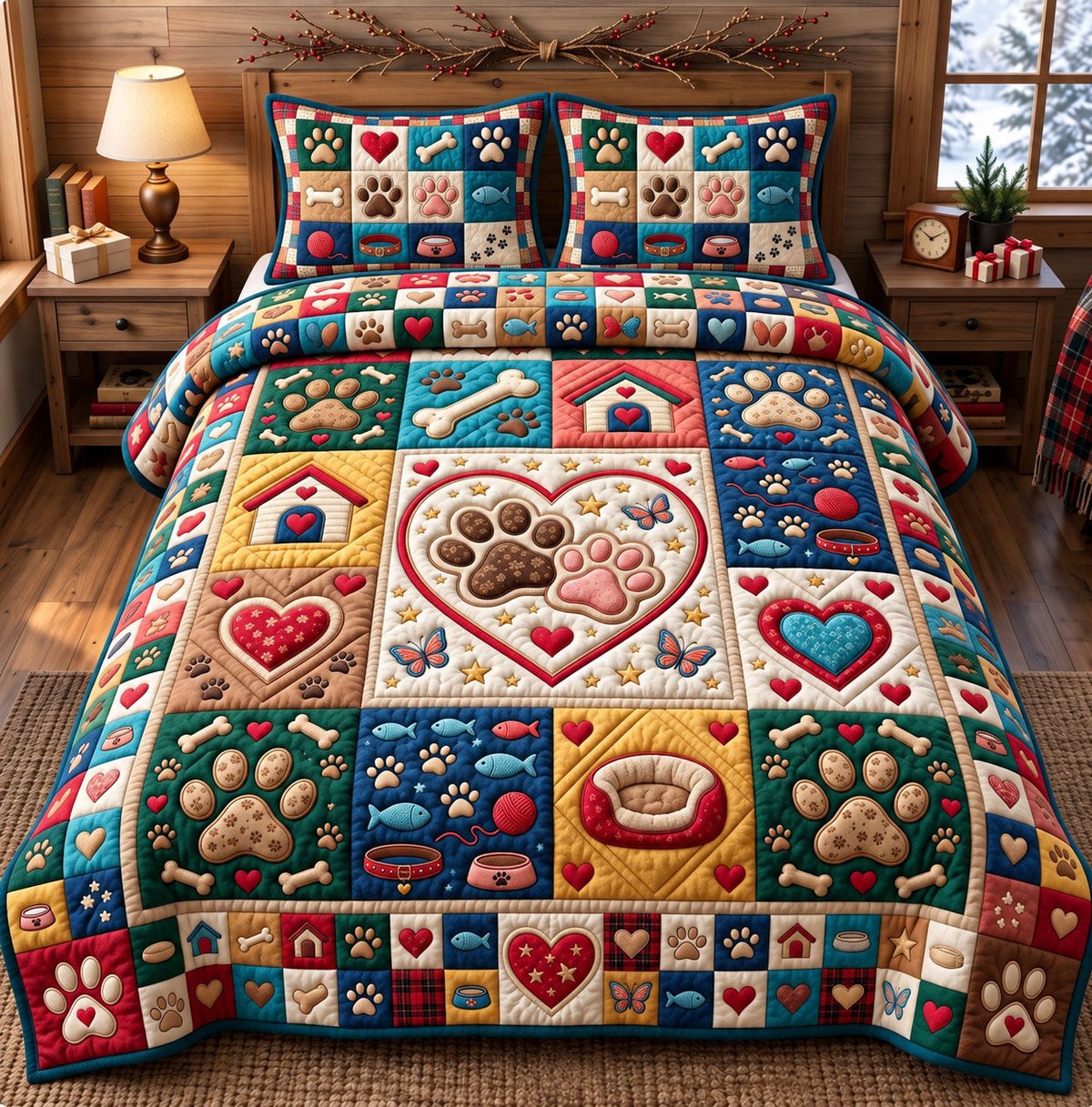 Paw Print Cat 3 Piece Quilted Bedding Set Gift For Dog Lovers