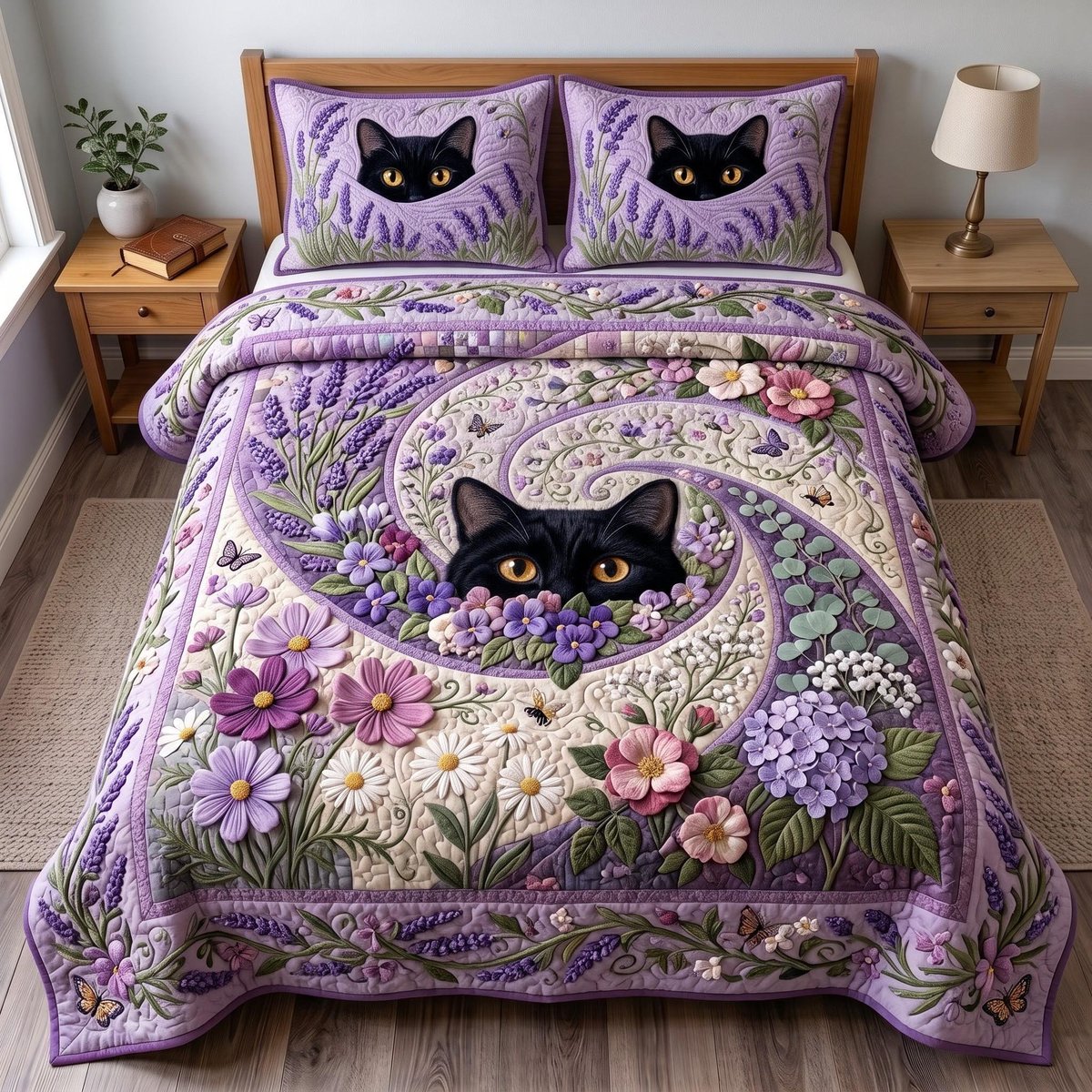 Midnight Cat 3 Piece Quilted Bedding Set Gift For Cat Lovers