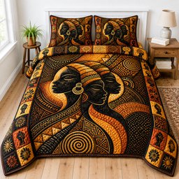 Golden Tribal Queens 3 Piece Quilted Bedding Set Gift For African American Heritage Lovers