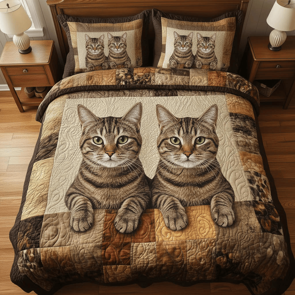 Pawfect Gang Cat 3 Piece Quilted Bedding Set Gift For Cat Lovers