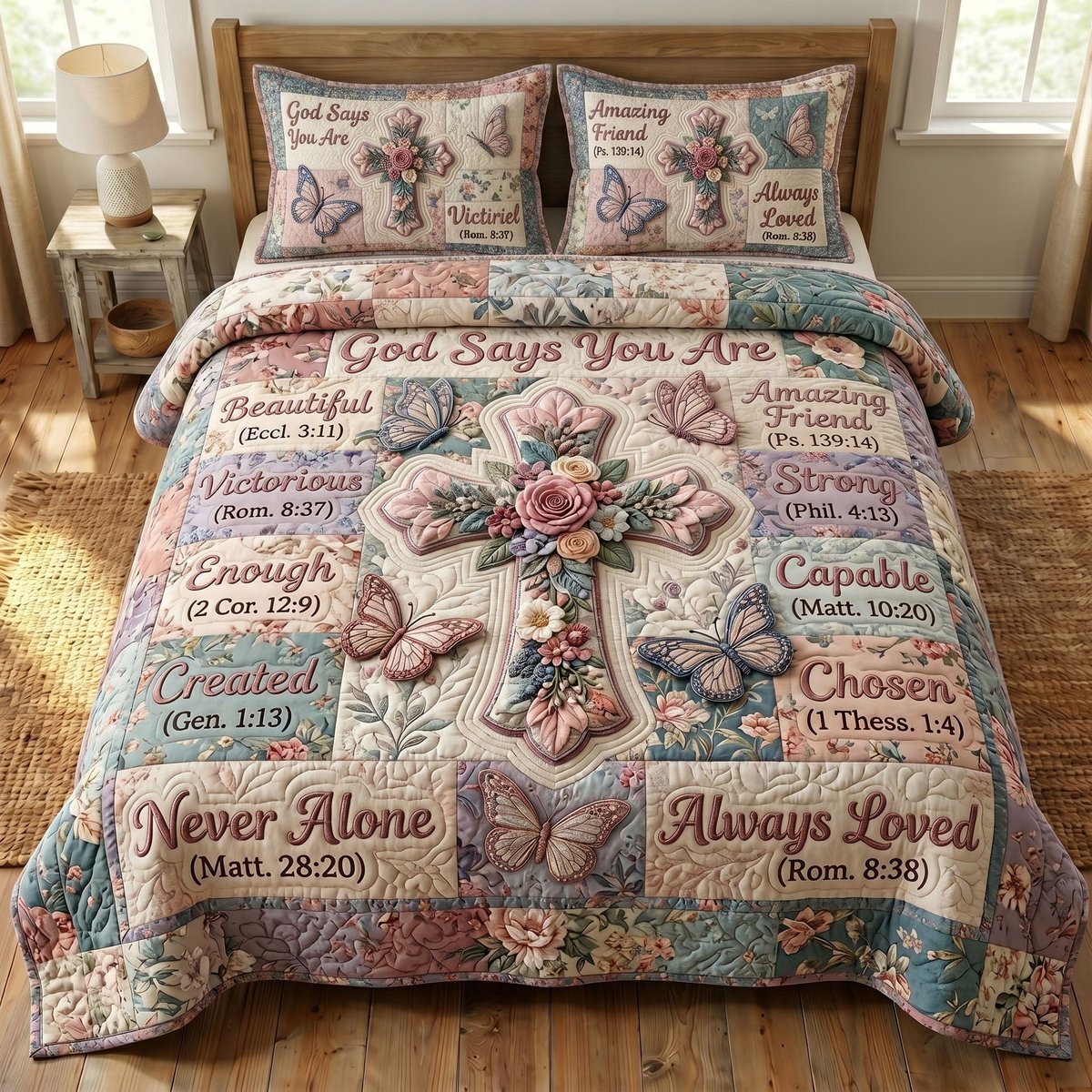 Floral Bible 3 Piece Quilted Bedding Set Gift For Christians