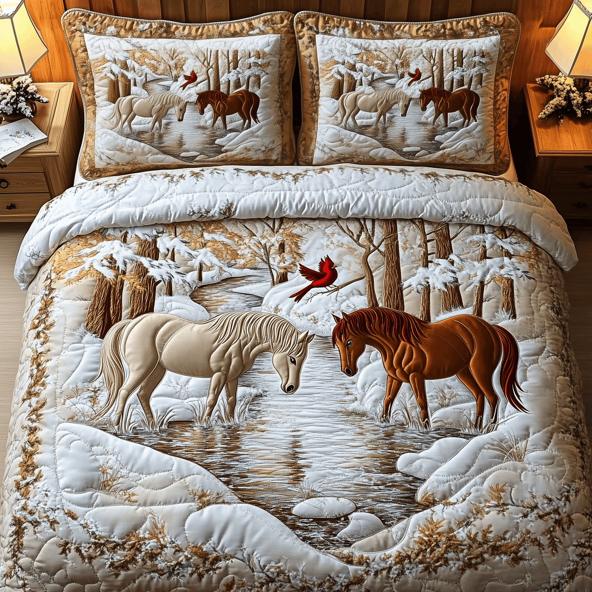 Horse Couple Winter 3 Piece Quilted Bedding Set Christmas Gift For Horse Lovers