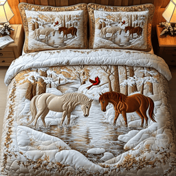 Horse Couple Winter 3 Piece Quilted Bedding Set Christmas Gift For Horse Lovers