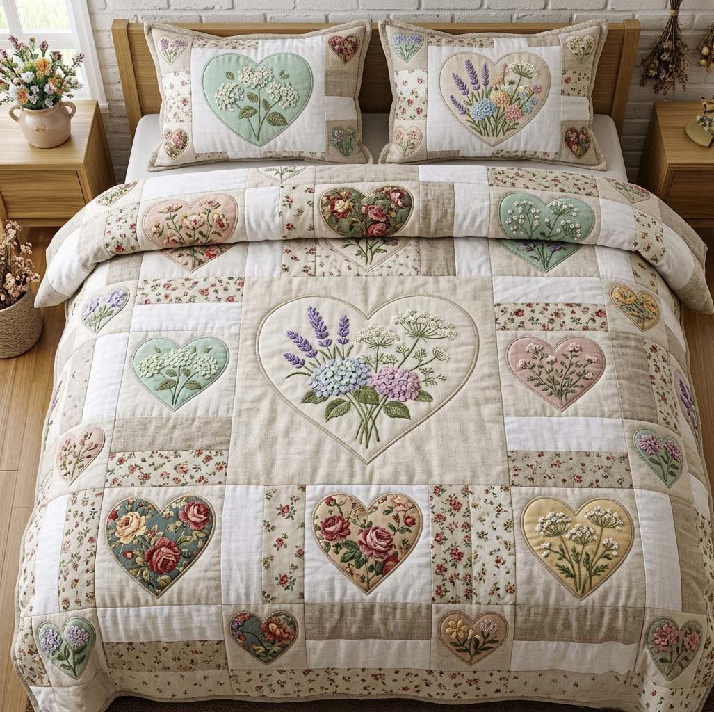 Flower Patchwork 3 Piece Quilted Bedding Set Gift For Flower Lovers