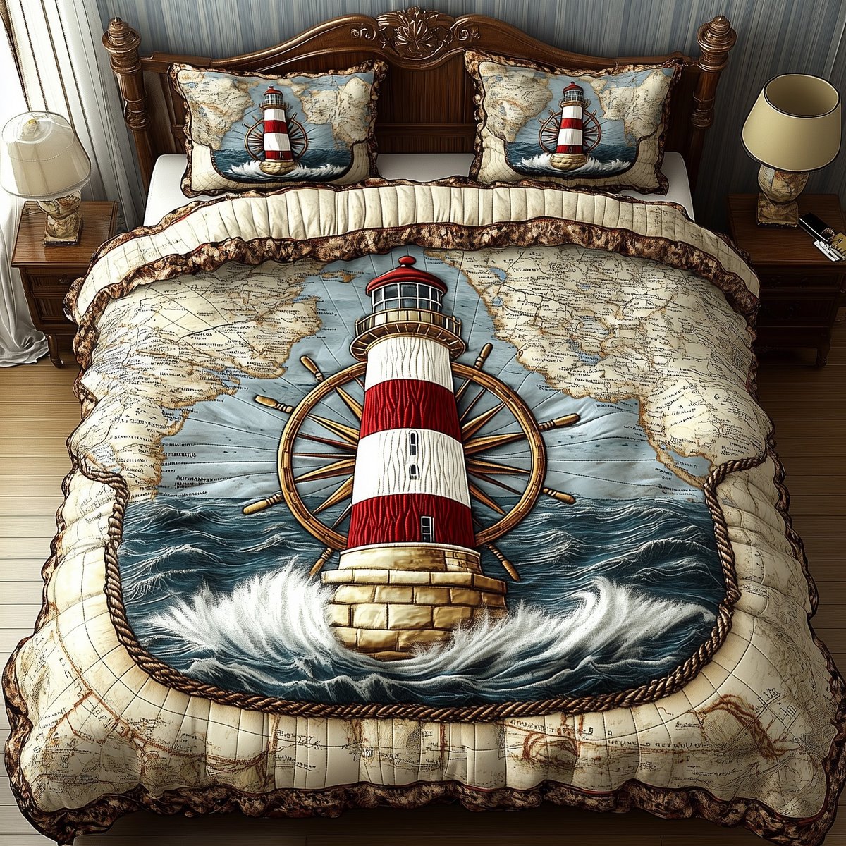 Nautical Lighthouse 3 Piece Quilted Bedding Set Gift For Beach Lovers