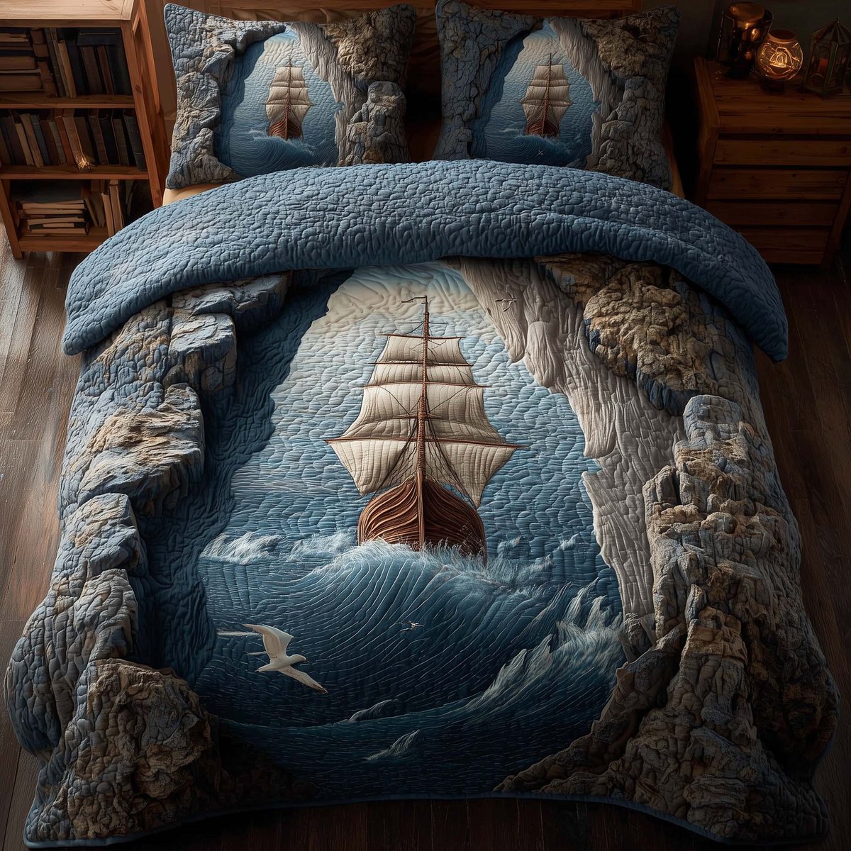 Majestic Ship Bear 3 Piece Quilted Bedding Set Gift For Bear Lovers