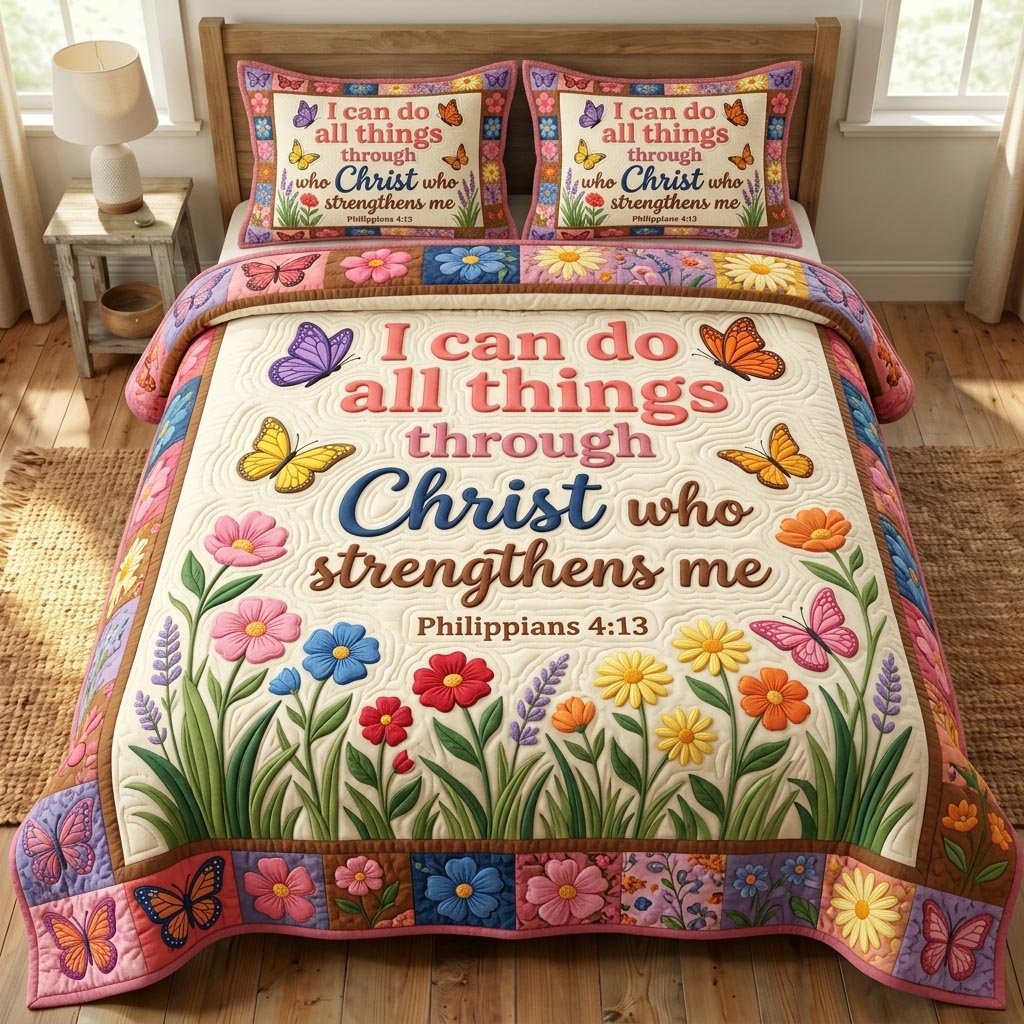 Floral Bible 3 Piece Quilted Bedding Set Gift For Christians
