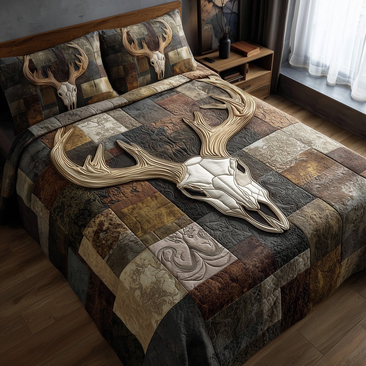Rustic Antler Deer 3 Piece Quilted Bedding Set Gift For Hunters