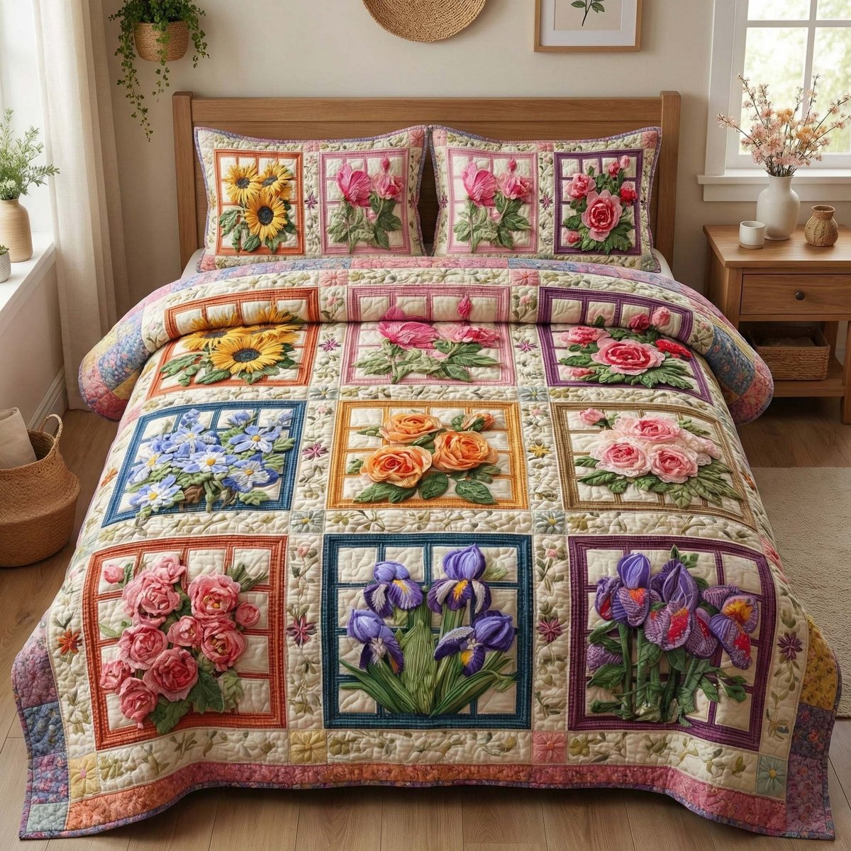 Blossom Grace 3 Piece Quilted Bedding Set Gift For Flower Lovers