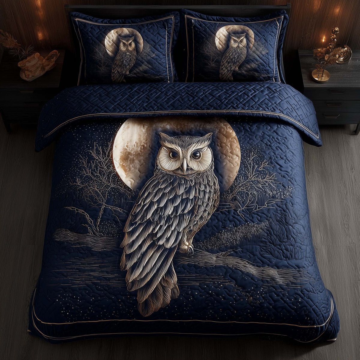 Celestial Owl 3 Piece Quilted Bedding Set Gift For Bird Lovers