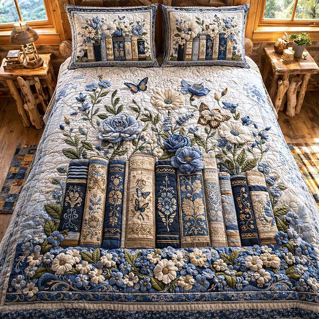 Wildflower Books 3 Piece Quilted Bedding Set Gift For Flower Lovers