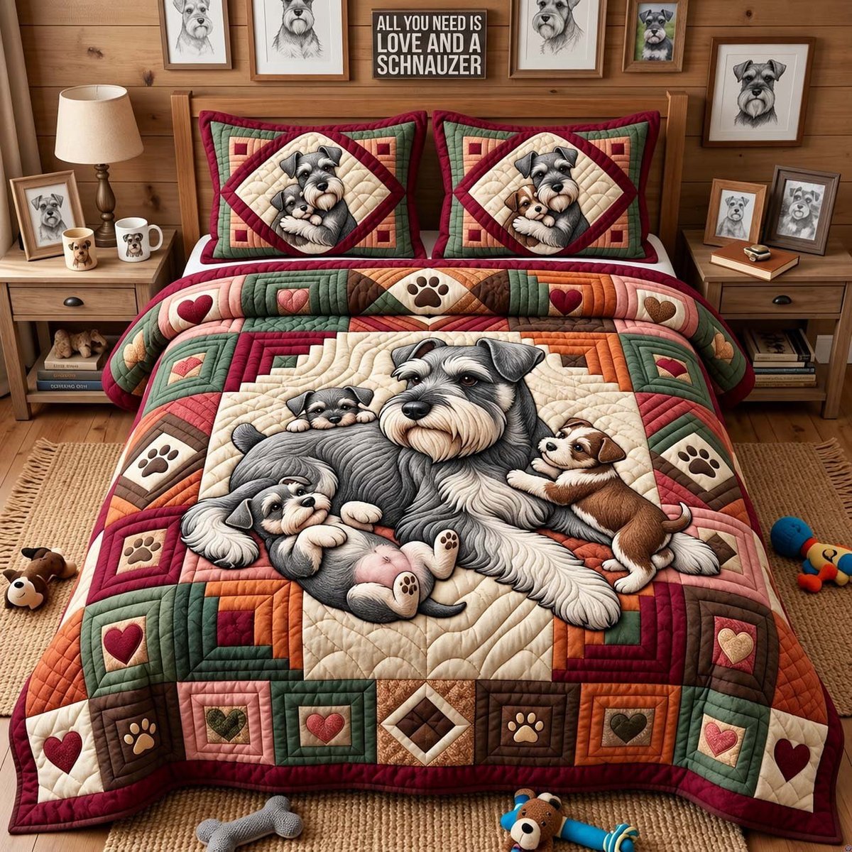 Schnauzer Family Love 3 Piece Quilted Bedding Set Gift For Home Decor Lovers